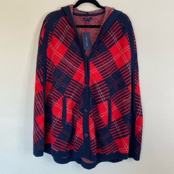 Tommy Hilfiger Helena hooded button-down poncho plaid NWT women’s M/L - Picture 1 of 8